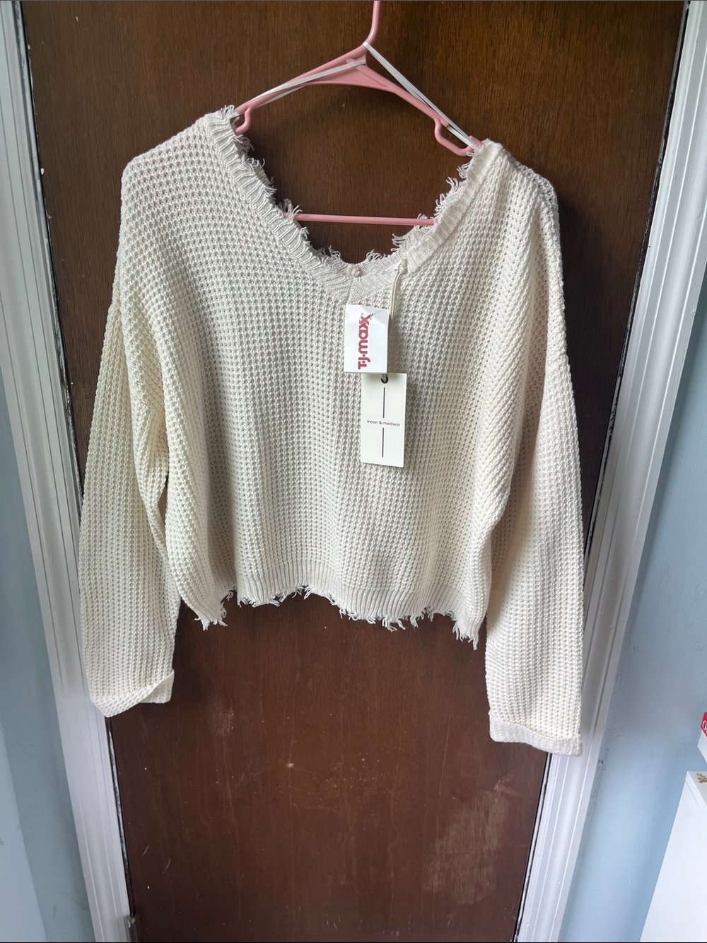 Cream Frayed V-Neck Waffle Knit Sweater